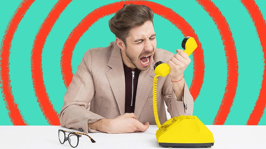 Man frustratingly yelling into yellow phone for a story about how to turn frustration into kindness