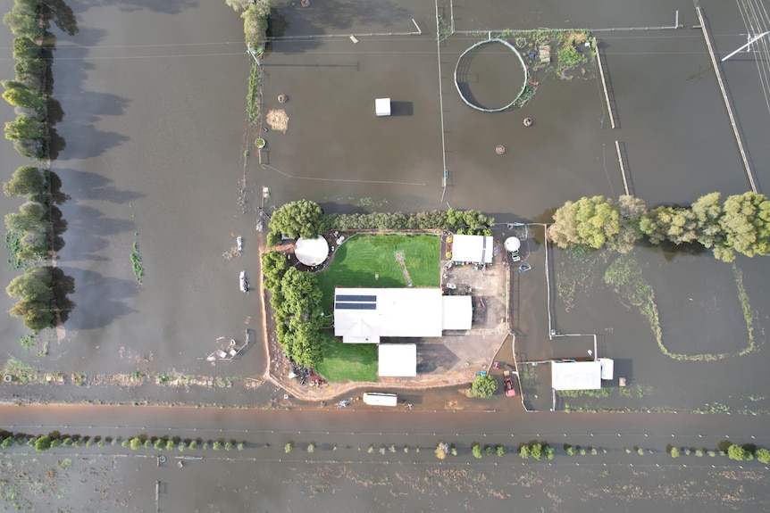 An aerial view of an inundated property near Kerang