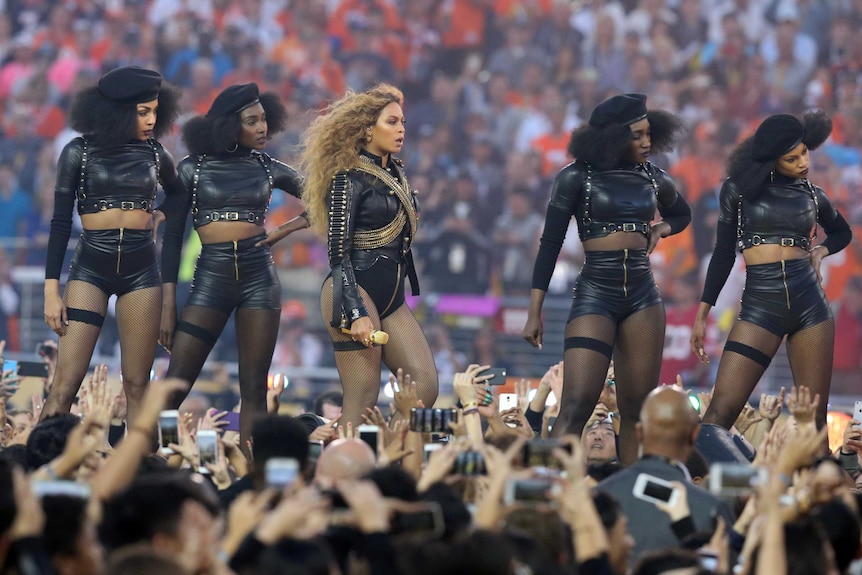 Recording artist Beyonce performs during halftime in Super Bowl 50 at Levi's Stadium.