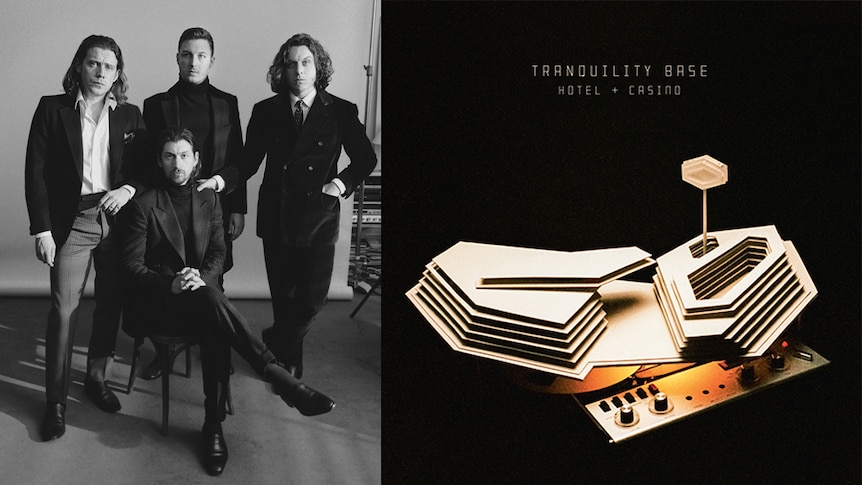 A shot of Arctic Monkeys alongside the album art for their 2018 album Tranquility Base Hotel & Casino