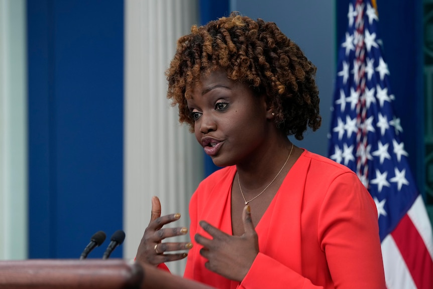 Karine Jean-Pierre speaks during the daily briefing at the White House.