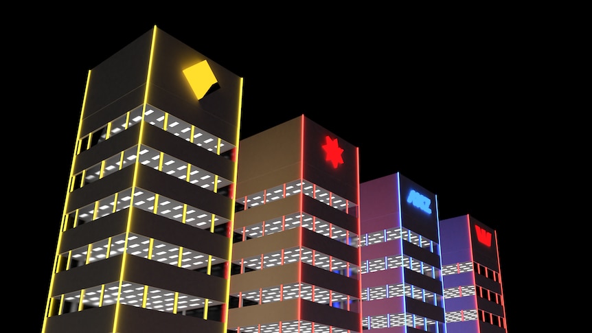 A computer-generated 3D animation of the big four bank logos on office blocks.