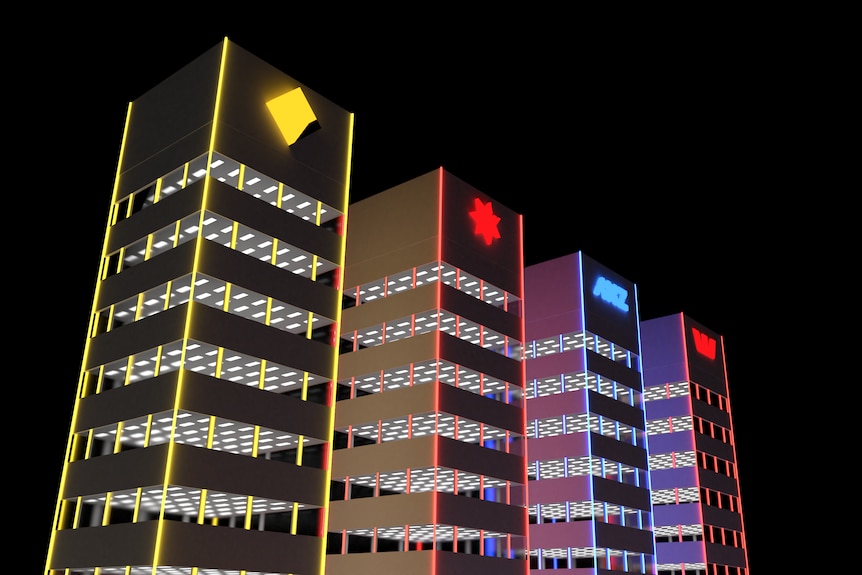 A computer-generated 3D animation of the big four bank logos on office blocks.