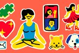 Emoji-like illustrations of a puzzle piece, love heart, person doing yoga, dancing lady emoji
