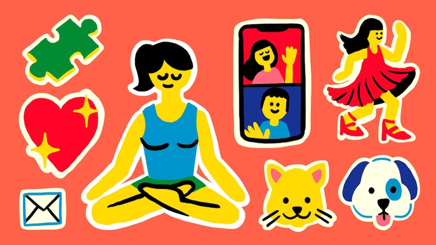 Emoji-like illustrations of a puzzle piece, love heart, person doing yoga, dancing lady emoji