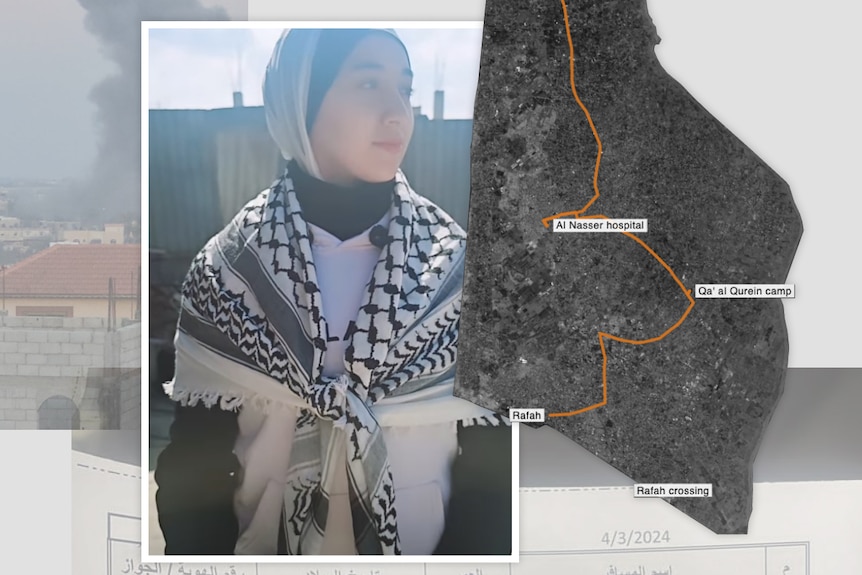 A compilation of images including a picture a young Palestinian woman and a map of southern Gaza