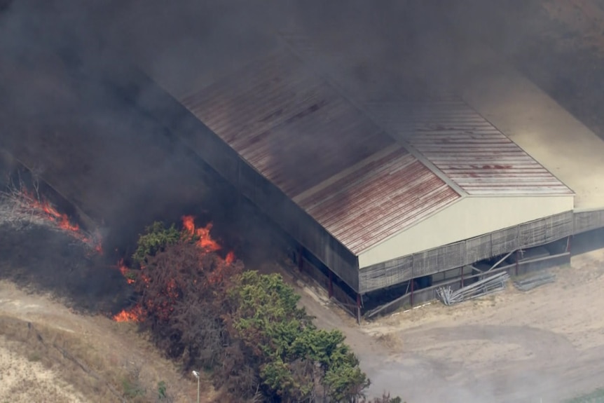 Fire burns near a large shed