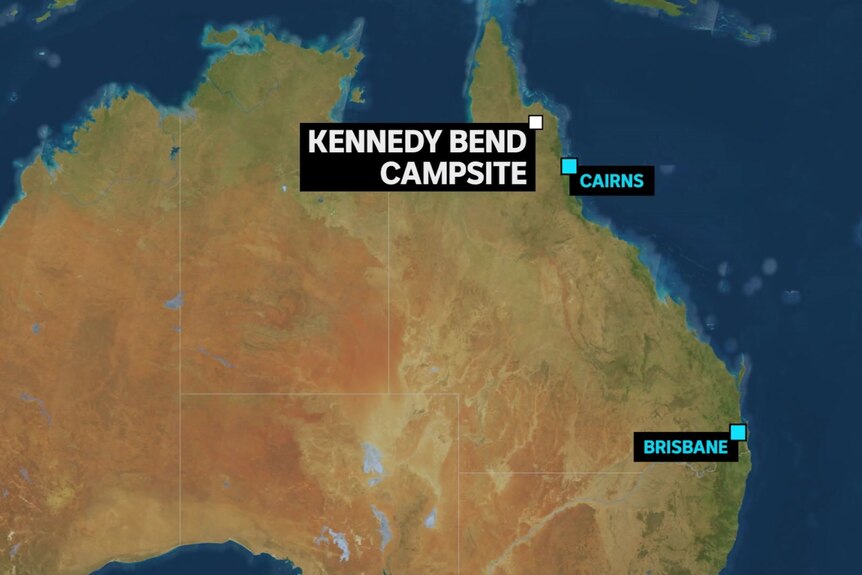 A map showing the locations of Kennedy Bend campsite, Cairns and Brisbane.