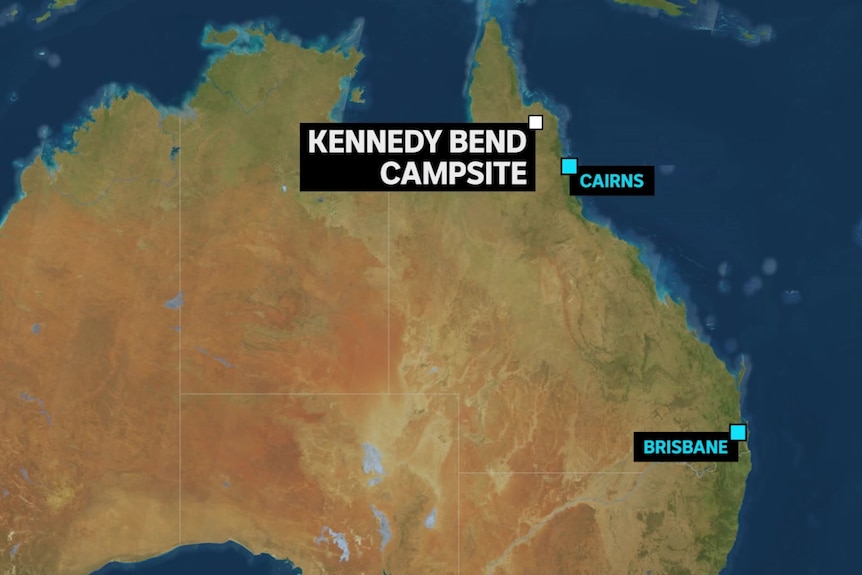 A map showing the locations of Kennedy Bend campsite, Cairns and Brisbane.