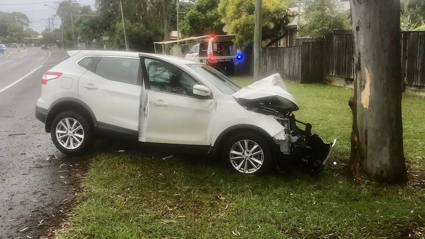 A white SUV with crumpled front in front of a tree.