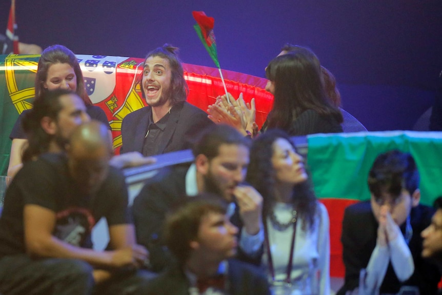 Salvador Sobral reacts with his supporters during the voting stage of the final.