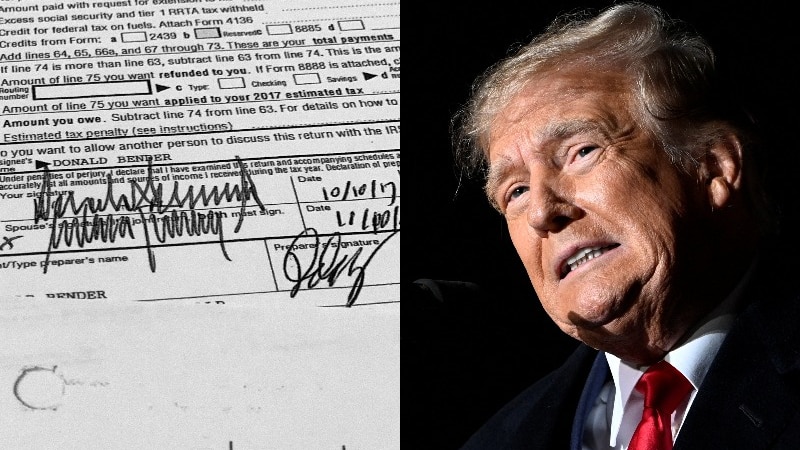 A composite image of a tax return and Donald Trump's face