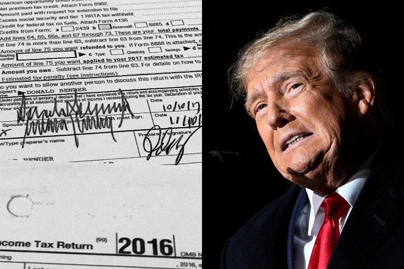 A composite image of a tax return and Donald Trump's face