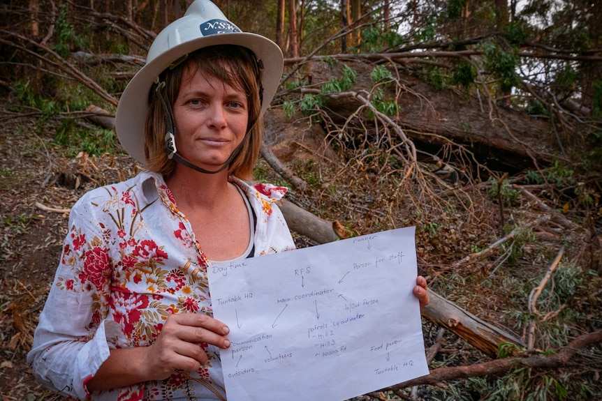 Woman wearing a white firefighter's hat holding a flow chart for organising volunteers