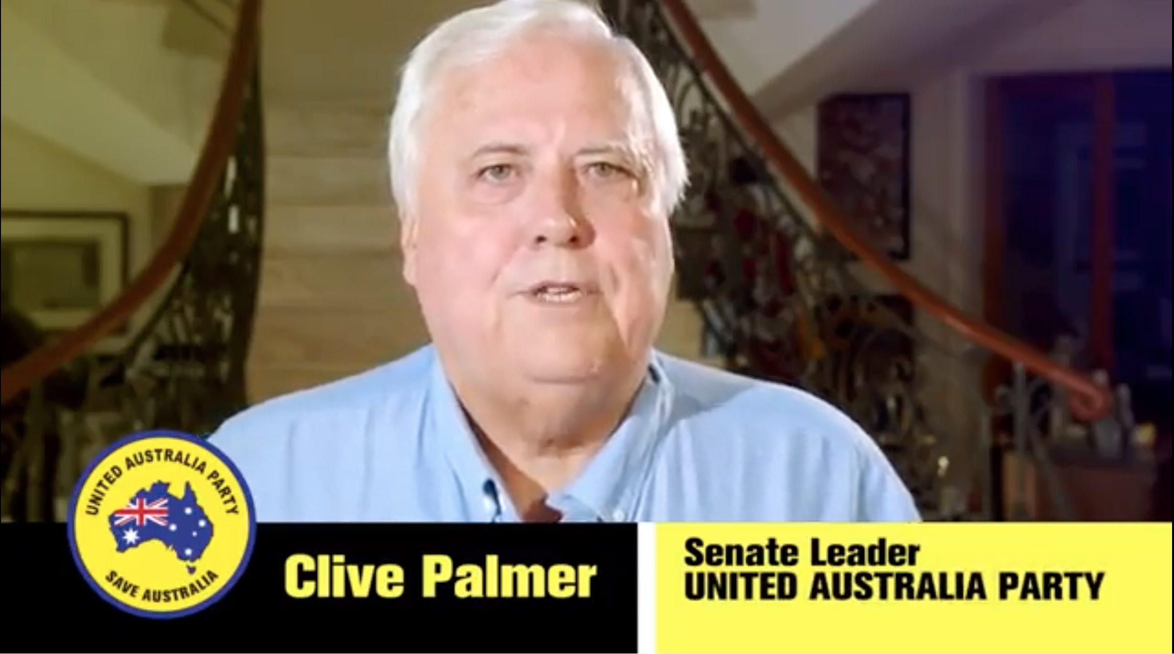 A screen shot of Clive Palmer in an online video ad for the United Australia Party