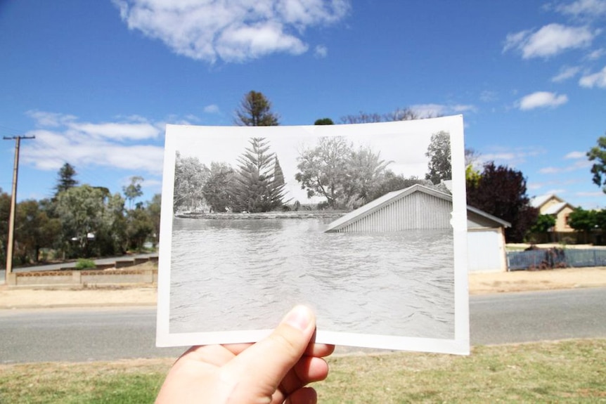 Then and now with a photo of the 1956 flood
