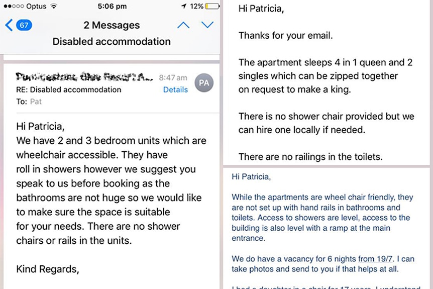 Three screenshots of emails to Patricia from accommodation providers saying bathrooms have flat showers but no rails.