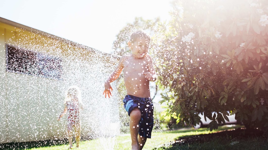Children playing in a sprinkler on the grass.