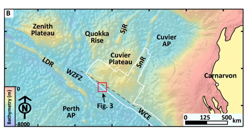 A map showing the underwater geography of part of the WA coast.