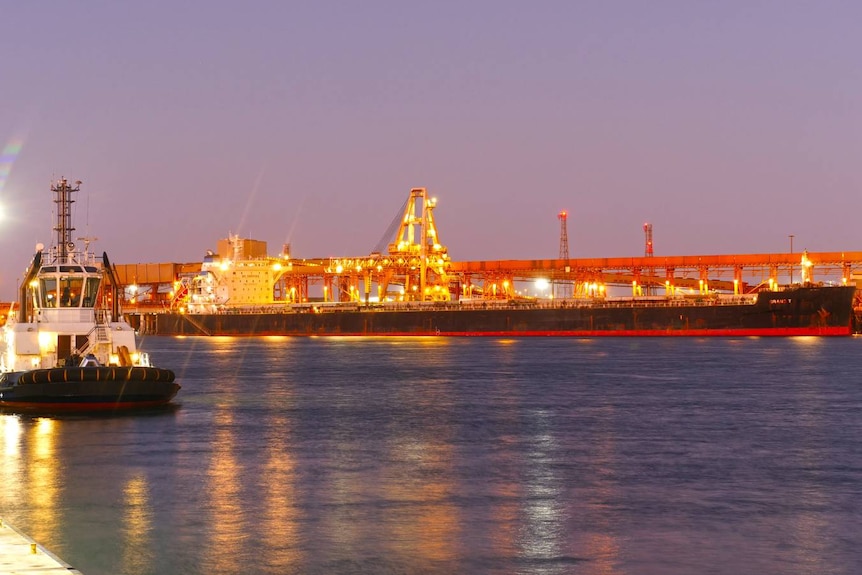 A tug boat and large ship sit in a port at night with lights shining.