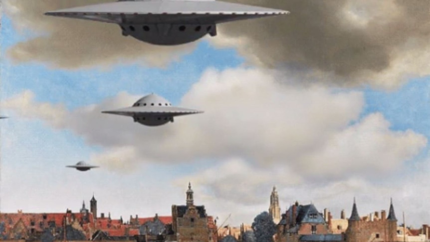 Johannes Vermeer's painting View of Delft, with UFOs inserted into the sky.