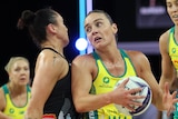 Australian Diamonds wig attack Liz Watson collides with New Zealand Silver Ferns opponents during the Constellation Cup.