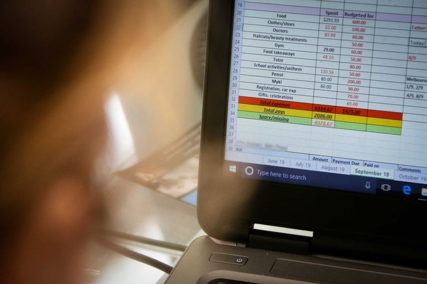 A woman looks at a spreadsheet which has a budget.