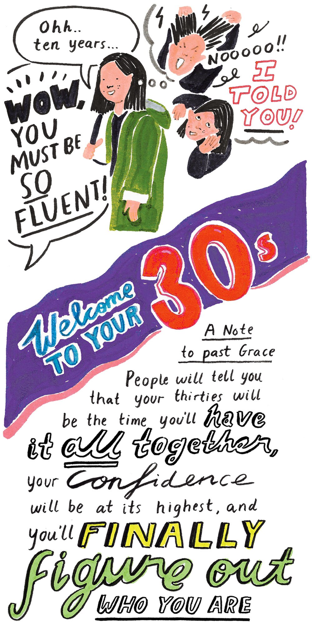 A past note to Grace: People will tell you you'll have it all together in your 30s, you'll be confident, figure out yourself.