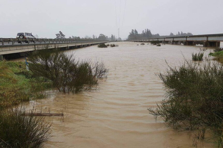 Flooded State Highway 1 south of Christchurch