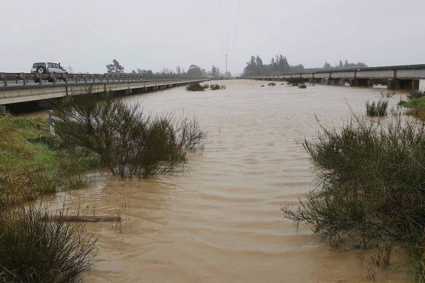 Flooded State Highway 1 south of Christchurch