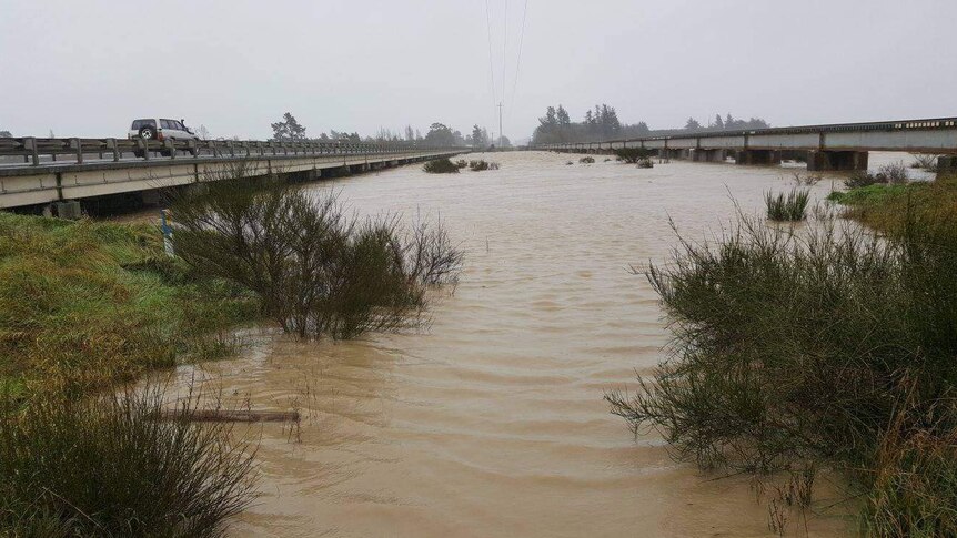 Flooded State Highway 1 south of Christchurch