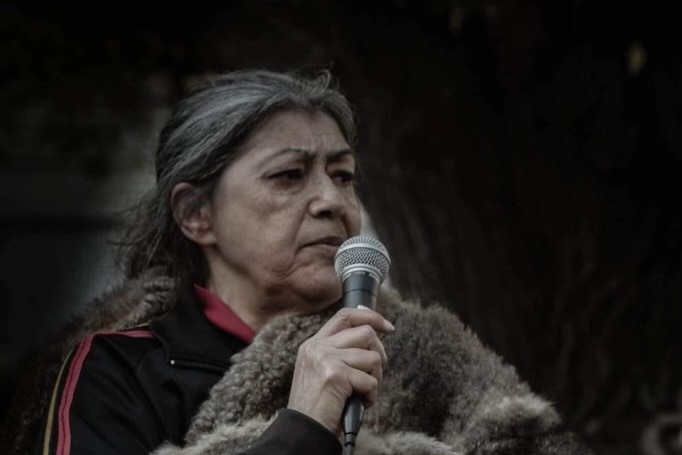 Aunty Margaret Gardiner holds a microphone as she stands, appearing serious, wrapped in a possum-skin cloak.