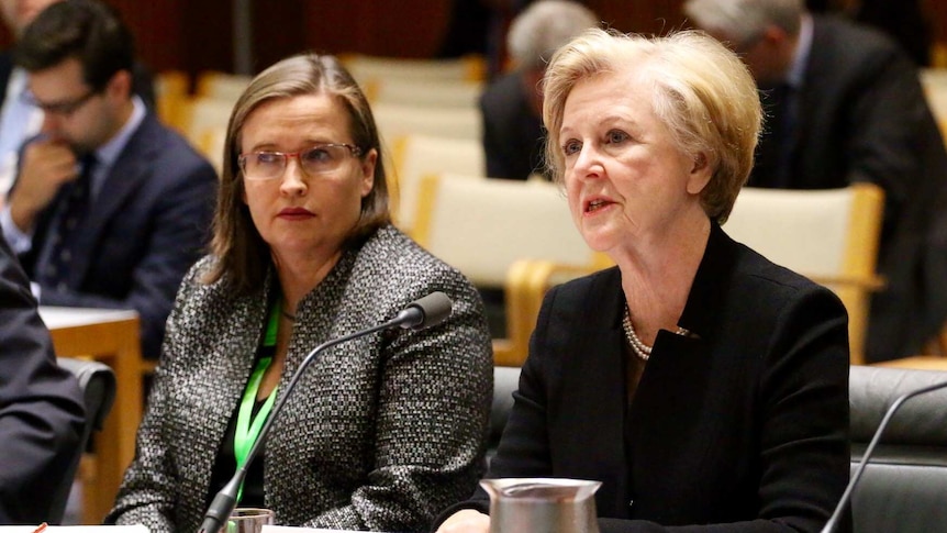 Gillian Triggs speaks into a microphone as Kate Jenkins watches on.