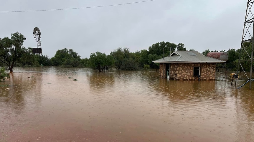 Flood waters in the outback at a pastoral station with a windmill.  