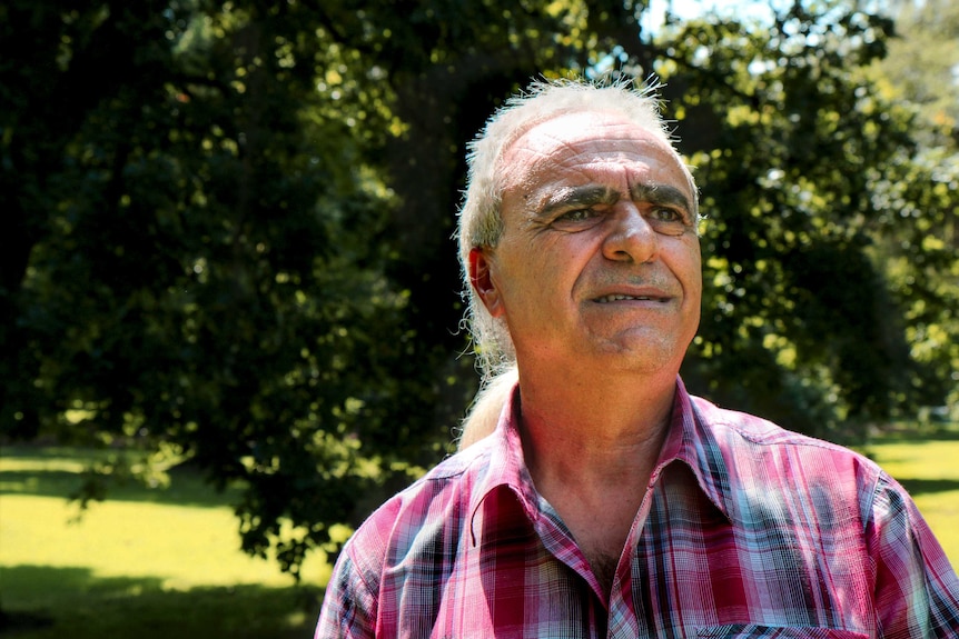 Aldo Taranto - with long white hair tied back, wearing a red chequered shirt - stands in front of trees in a public garden.
