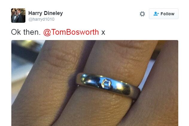 Harry Dineley tweeted a picture of him with the engagement ring on