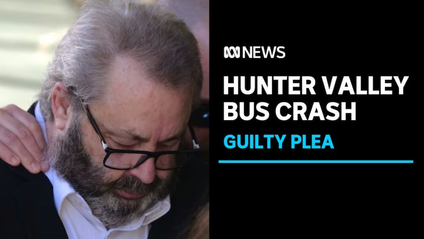Hunter Valley Bus Crash, Guilty Plea: Man with brown hair combed back with head low wears white shirt and jacket.