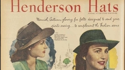 An old newspaper advertisement showing different women's hats and the words "Henderson Hats"