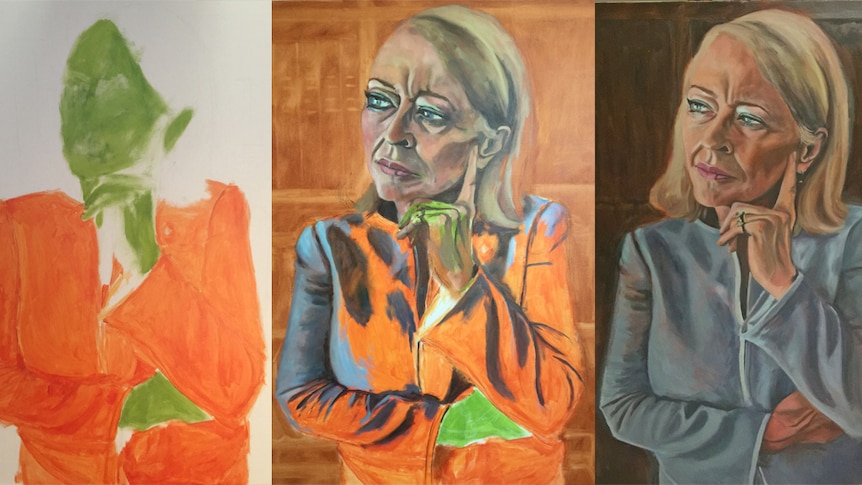 A composite of a painting of Justice Margaret McMurdo in progress