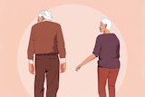 An old man and woman stand together. The woman reaches her hand towards the man but he turns away