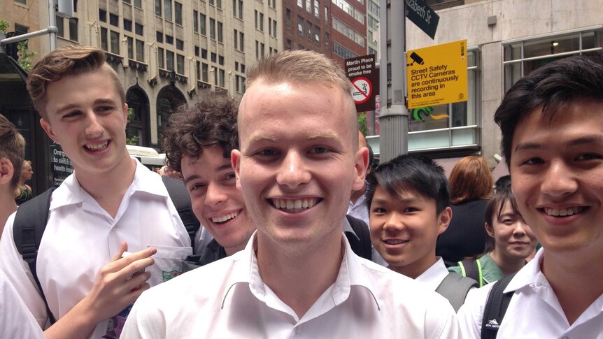 Caringbah High School student Matt Robson and fellow students in Martin Place.