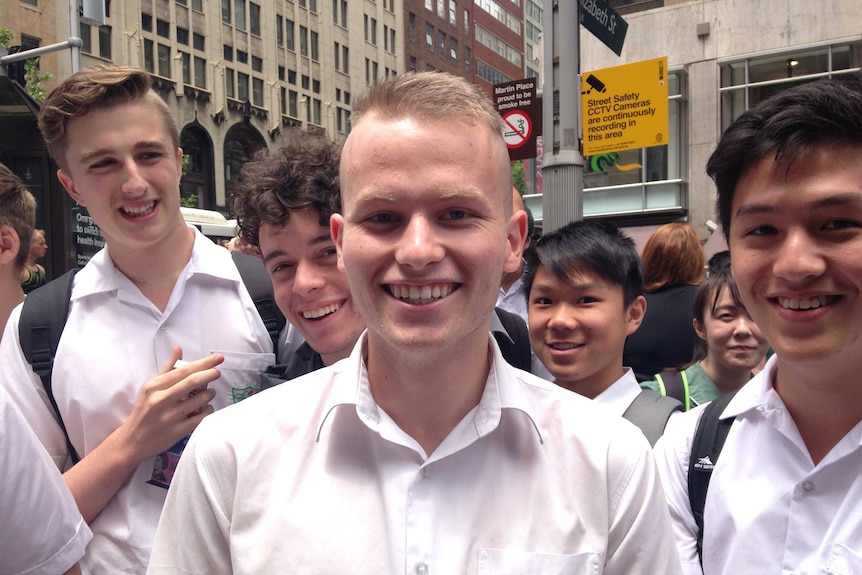 Caringbah High School student Matt Robson and fellow students in Martin Place.