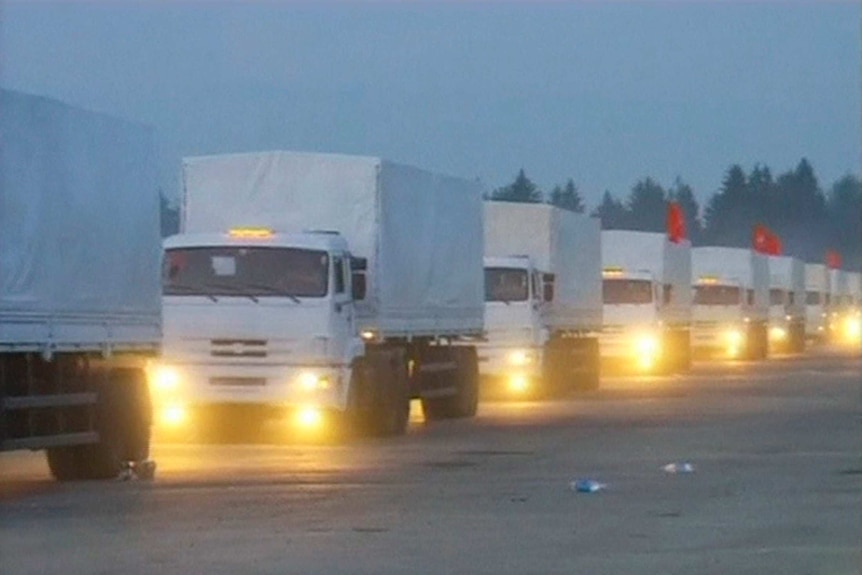 A Russian convoy of trucks carrying humanitarian aid for Ukraine sets off from near Moscow