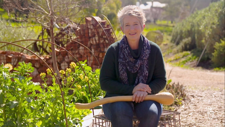 Lady sitting in garden with vegetable on lap