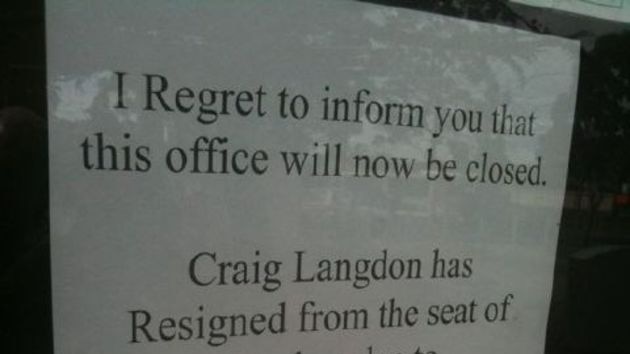 A sign in the window of Craig Langdon's electorate office in Ivanhoe.
