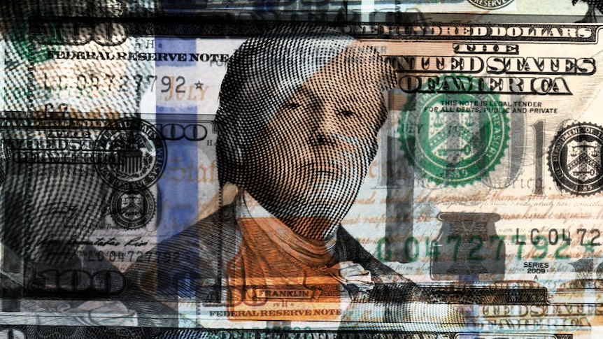 A graphic of Donald Trump over an American $100 note