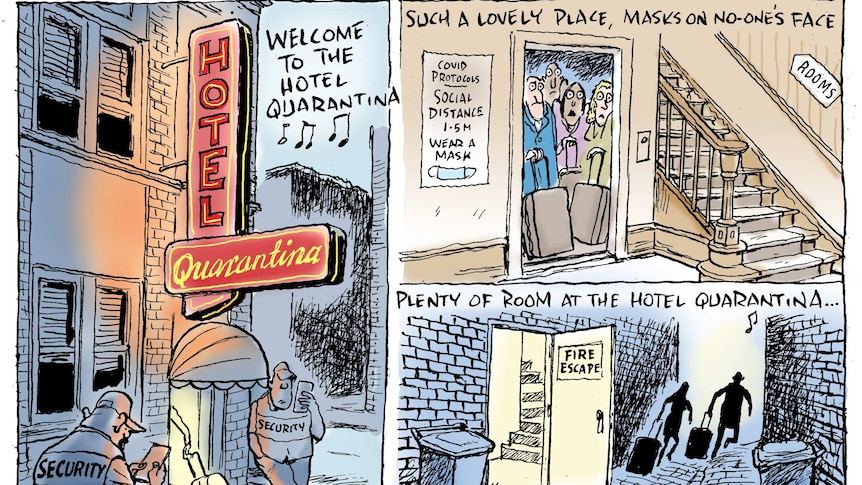 A cartoon describing a hotel called Hotel Quarantina.