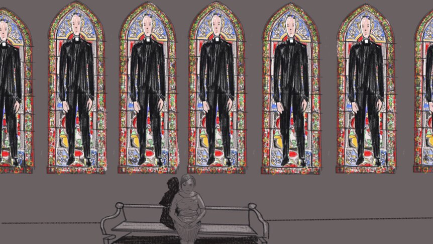 An illustration shows a woman sitting beneath stained glass windows featuring male priests.