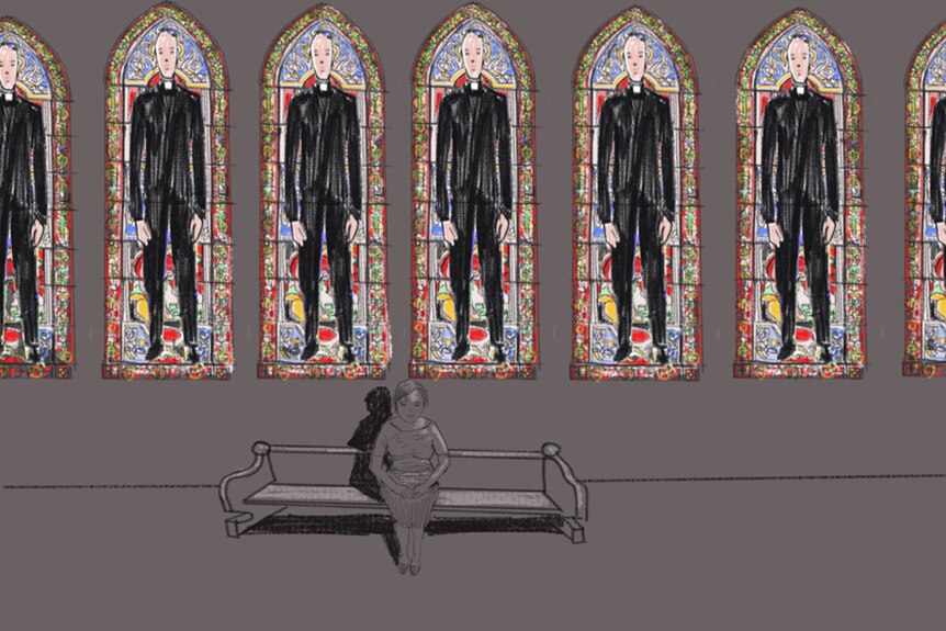An illustration shows a woman sitting beneath stained glass windows featuring male priests.