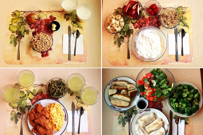 Cheerios and a muffin; chicken tenders and macaroni cheese; yogurt and fresh fruit; steamed fish and vegetables